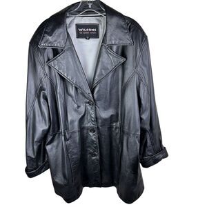 Wilsons Leather Jacket Womens 1X Black Belted Button Up Mid Length Coat Pockets